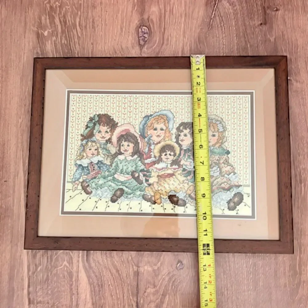Framed Antique Doll Counted Cross Stitch Rustic Wood Frame 16x12 Handmade